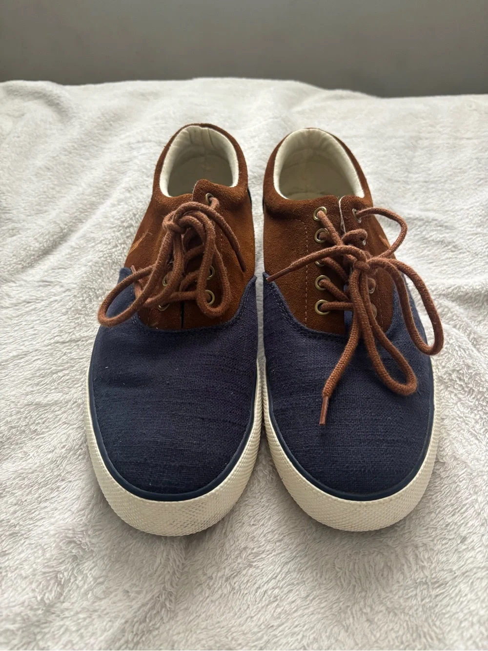 Ralph Lauren Men Two-Tone Navy and Brown Canvas Boat Shoes Size 9.5